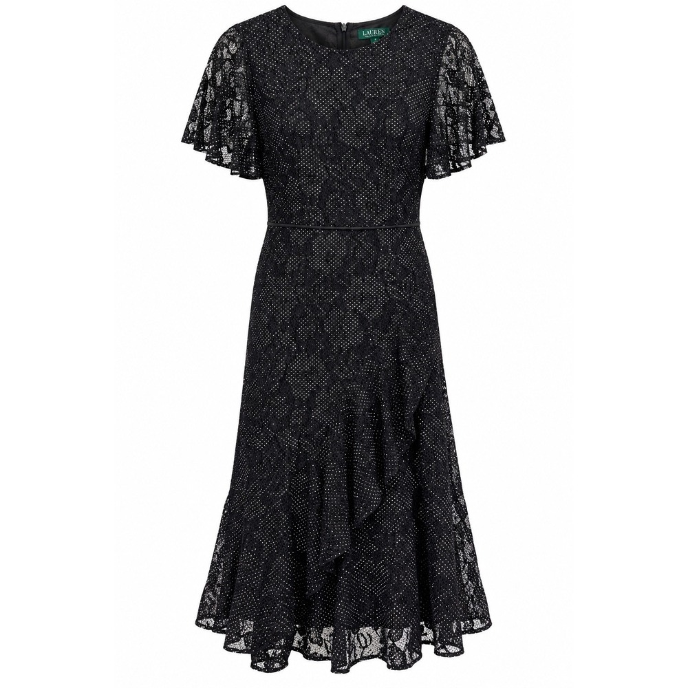 Y2K Lauren Ralph Lauren Black Lace Polka Dot Ruffle Midi Dress Short Sleeve  2